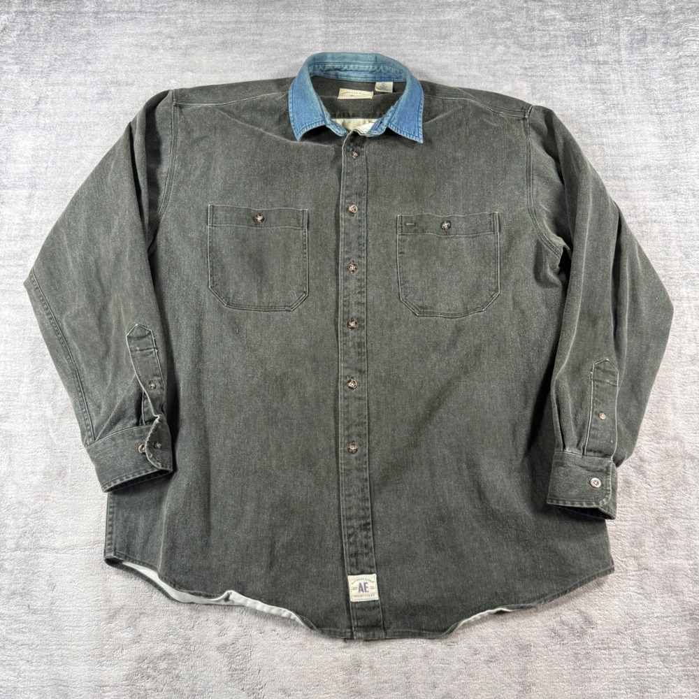 American Eagle Shirt Mens Large Grey Denim Button Down Contrast Collar Shacket